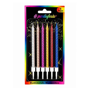Vela Lápis Metalizada Colorida 12,5cm 6un - Partiu Festa
