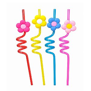 Canudo Divertido Espiral Flores 4un - Silver