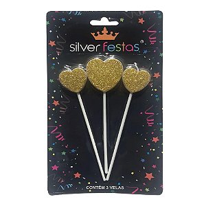 Vela 3 Corações Glitter Dourada - Silver