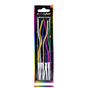 Vela Ondulada Glitter Mix Colors 16cm 6un - Partiu Festa