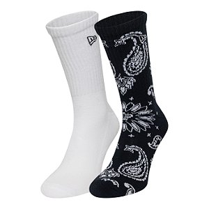 Meia New Era Cano Longo Paisley Crew 2 Pares Preto e Branco