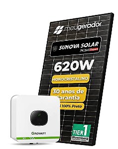 Kit Energia Solar Ongrid 400kWh Mês 3,10kWp 5 Painel Sunova 620W Inversor Growatt 3kW X2 220V 1MPPT