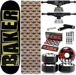 Skate Completo Shape Maple Baker Brand 8.0 Blackgold + Truck Silver M Class + Rodas Bones