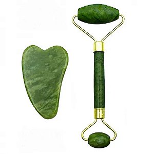Kit de Rolo Massageador e Placa Gua Sha Pedra Jade