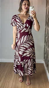 Vestido Longo Estampado Folhagem Vinho