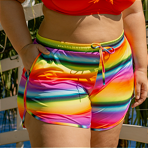 Shorts Plus Size Estampado em Poliamida com Bolsinho e Recorte Lateral