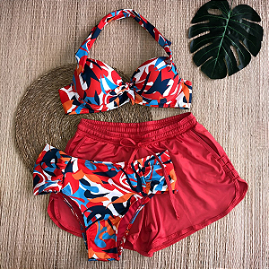 Conjunto Bojo Lia +Calcinha Mesma Estampa Bombom + Shorts em Poliamida Liso