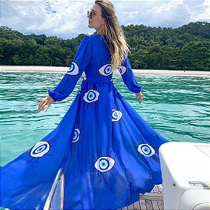 Kimono Feminino Maxi Azul Estamparia Olho Grego