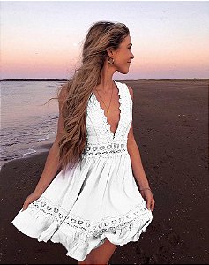 Vestido Feminino Estilo Boemian Decote em V Rendado