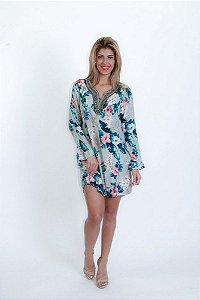 Vestido Estamapa Hibiscos Mesclada Decote V Bordado Pedraria