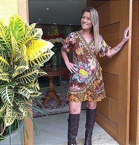 Vestido Indiano tipo Kimono Tranpassado Estamparia Floral e Pássaros