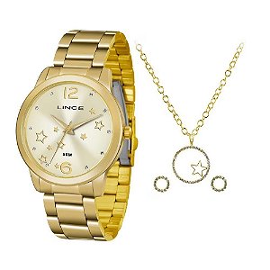 Kit Relógio Feminino Dourado Lince com Colar e Brinco