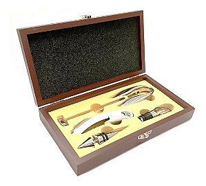 Kit de Acessórios para Vinho Estojo Madeira 5 Pçs Saca Rolha