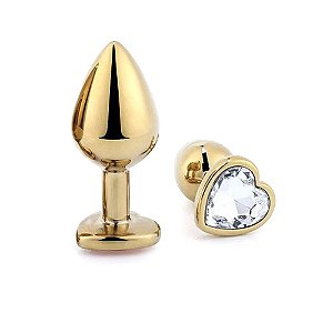 Plug Anal Coração em Aço - Dourado - Pedra Transparente - Pequeno Tam. P