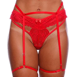 Tanga Silvana - Modelo Fio Dental Rendado - Com Lacinho e Cinta Liga - Tamanho Médio M - Cor: Vermelha
