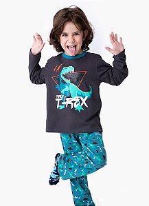 PIJAMA ML KIDS 1/2 MALHA DINO VULCAO CINZA CHUMBO