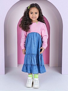 VESTIDO JEANS COM MOLETOM ML ROSA BARBIE MOMI