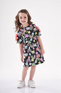 VESTIDO INFANTIL MANGA CURTA FLORES E ARCO-IRIS UP BABY