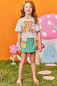 CONJUNTO INFANTIL BLUSA BOXY E SHORT SAIA VERDE URSO KUKIE