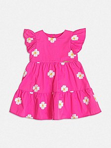 VESTIDO INFANTIL BORDADOS FLOR ROSA NEON MOMI