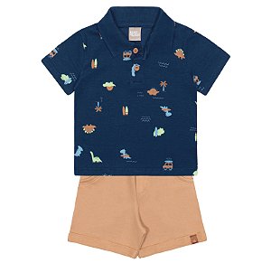 CONJUNTO POLO MANGA CURTA E BERMUDA DINO SURF KIKO BABY