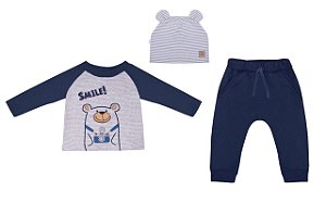 CONJUNTO MOLETOM RAGLAN + CALCA + TOUCA / AZUL MARINHO