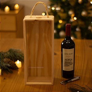 Caixa Estojo para Vinho em Madeira de Pinus com Alça de Sisal 15x35x10cm