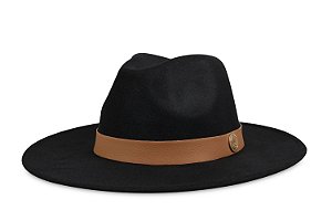 CHAPÉU FEDORA PRETO UNISSEX ABA 8CM FAIXA DE COURO CARAMELO