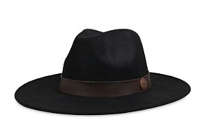 CHAPÉU FEDORA PRETO UNISSEX ABA 8CM FAIXA DE COURO MARROM