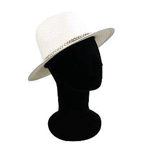 CHAPÉU ESTILO PANAMÁ PALHA SHANTUNG CREME ABA 7CM CORRENTE METALIZADA DOURADA