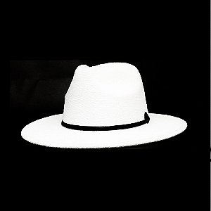 CHAPÉU BRANCO MODELO FEDORA UNISSEX ABA MÉDIA LAÇO DE COURO PRETO