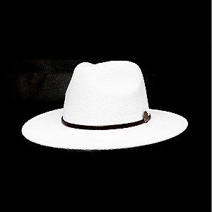 CHAPÉU BRANCO MODELO FEDORA UNISSEX ABA MÉDIA LAÇO DE COURO MARROM