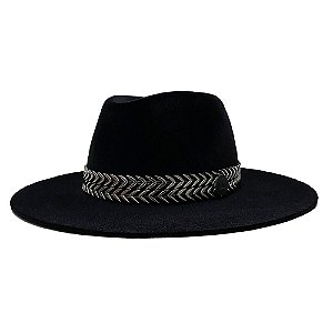 CHAPÉU FEDORA PRETO UNISSEX CORRENTE DUPLA SETAS CHUMBO ABA MÉDIA