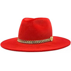 CHAPÉU FEDORA VERMELHO UNISSEX CORRENTE SETAS DOURADAS ABA RETA 7,5 CM