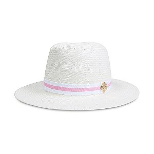 CHAPÉU ESTILO PANAMÁ PALHA SHANTUNG CREME FAIXA ROSA E BRANCO ABA 7,5 CM