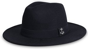 CHAPÉU FEDORA PRETO ABA RETA 7CM ANCORA PRATA