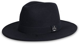 CHAPÉU FEDORA PRETO ABA RETA 7CM COROA PRATA