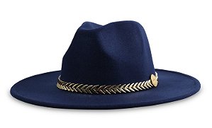 CHAPÉU FEDORA AZUL UNISSEX CORRENTE METALIZADA DOURADA ABA 8CM