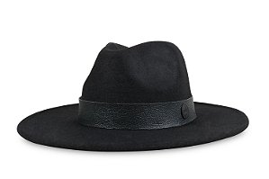 CHAPÉU FEDORA PRETO UNISSEX ABA RETA 8CM FAIXA COURO PRETO SKIN