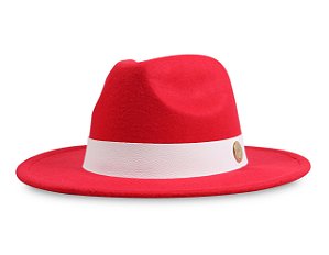 CHAPÉU FEDORA VERMELHO ABA RETA 7CM FAIXA DE COURO BRANCA