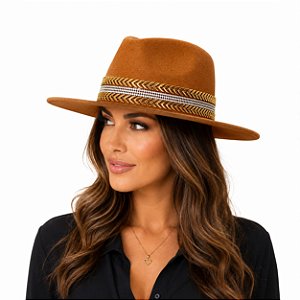 CHAPÉU FEDORA AVELUDADO FERRUGEM AURORA ABA RETA 7,5 CM UNISSEX