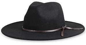 CHAPÉU FEDORA UNISSEX PRETO 8CM LAÇO DE COURO MARROM