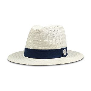 CHAPÉU ESTILO PANAMÁ PALHA SHANTUNG CREME ABA 7CM FAIXA ELÁSTICA AZUL MARINHO