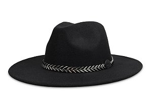 CHAPÉU FEDORA UNISSEX PRETO ABA 8CM CORRENTE METALIZADA CHUMBO