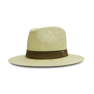 CHAPÉU ESTILO PANAMÁ PALHA SHANTUNG CREME FAIXA DE COURO BEGE