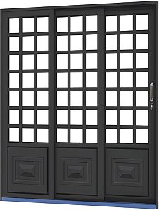 Porta De Correr 3 Folhas (1 Fixa) Quadriculadas Em Aço Com Fechadura Sem Vidro Req. 14 Cm - Gerotto Ouro Saldão