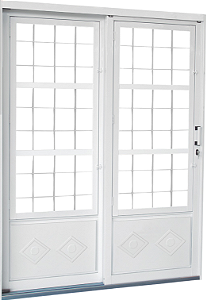 Porta De Correr 2 Folhas (1 Fixa) Em Aço Branco Com Grade Quadriculada C/ Vdr. Liso Incolor Req. 13 Cm - Brasil Esquadrias - Inove