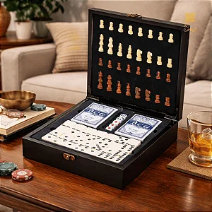 Kit Jogos 4 em 1 Luxo com Xadrez, Dominó, Cartas e Dados em Estojo de Madeira Premium