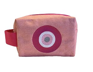 Necessaire Quadradinha lona rosa com olho grego rosa