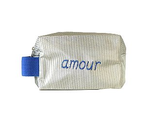 Necessaire Quadradinha ouro alça azul “amour”